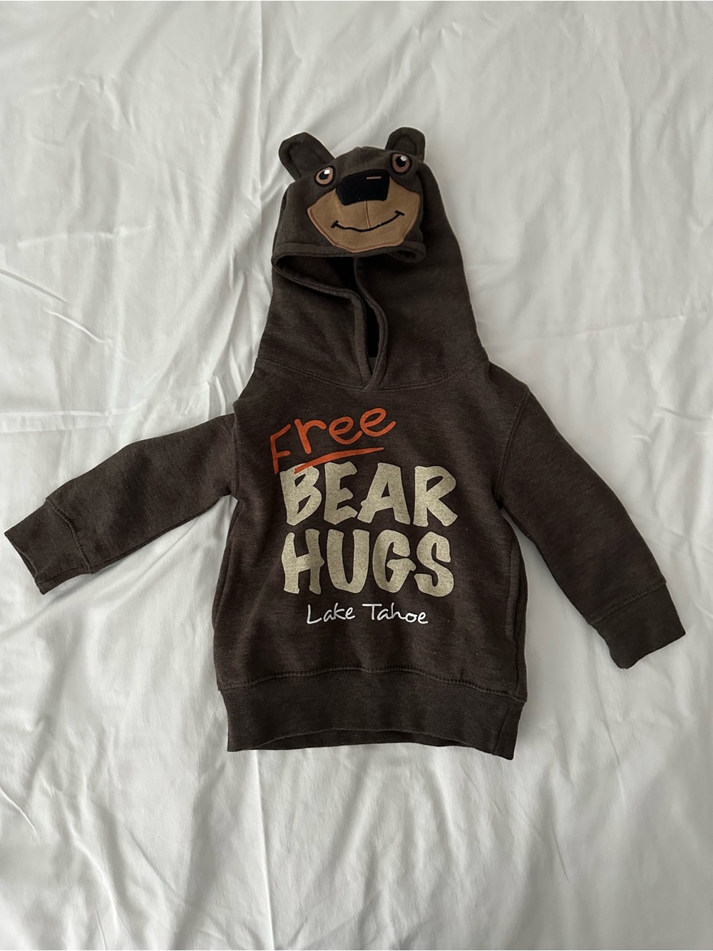 Artisan Brown Kids Hooded Sweatshirt with Bear Face and 'Free Bear Hugs' Print